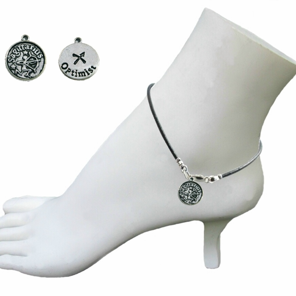Black Leather Anklet ~ Sagittarius Zodiac Charm
